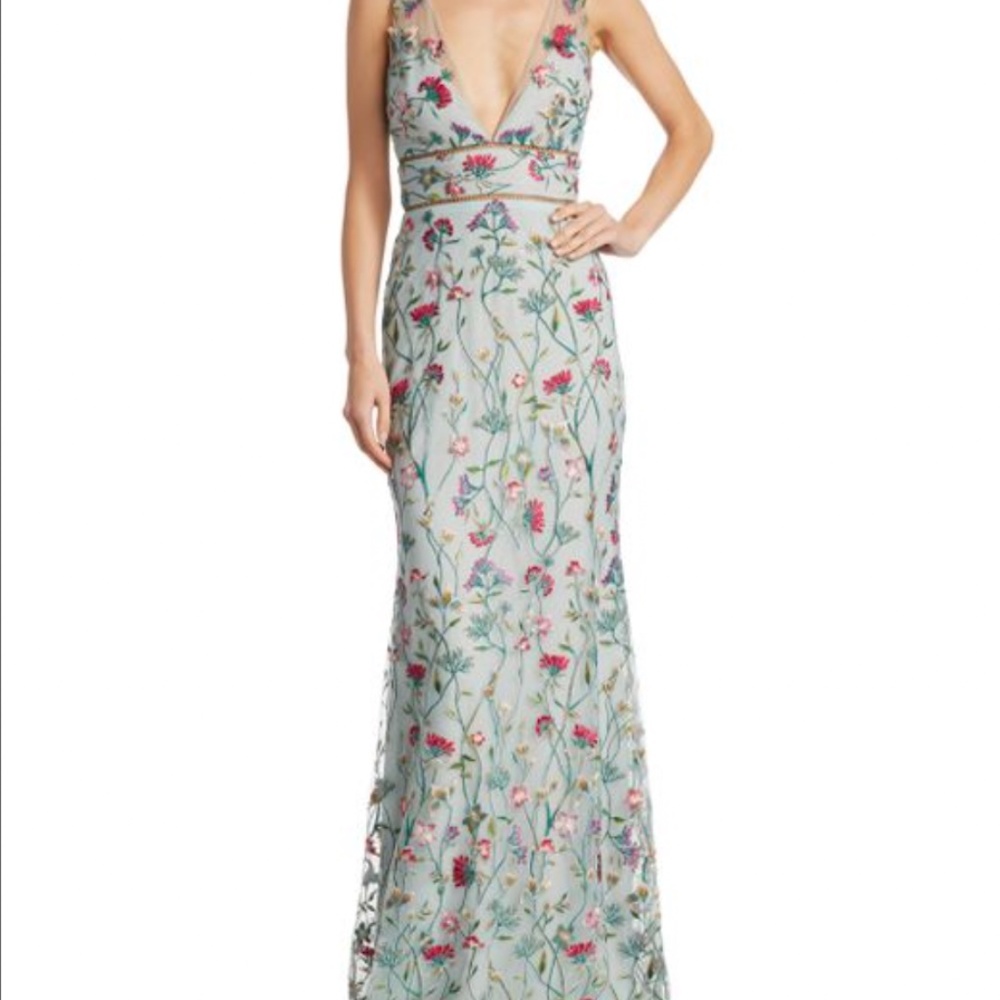 Marchesa Notte Embroidered Floral Metallic Trim Gown